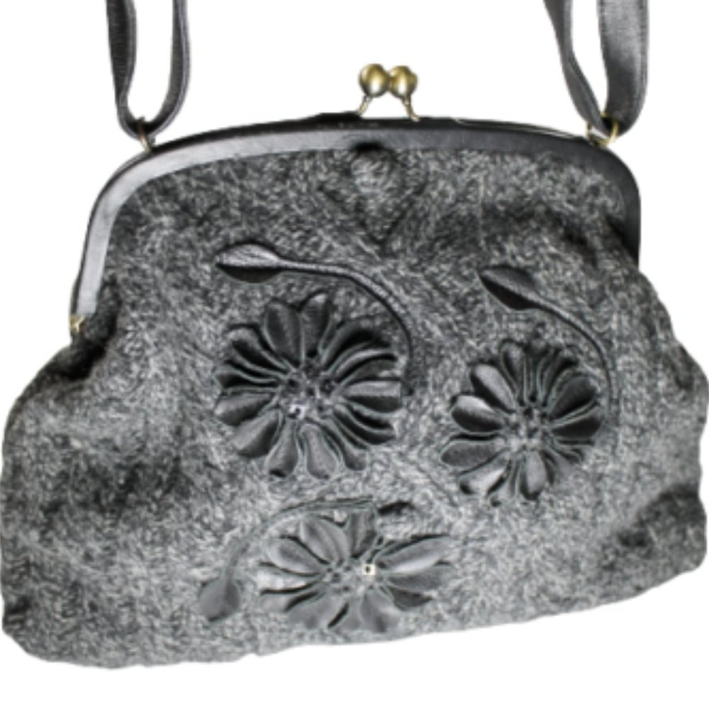Vintage Moschino Womens Handbag Shoulder Bag Floral Wool Cable Knit Leather Trim